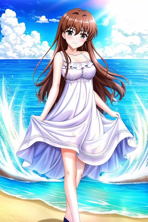 "best quality masterpiece, <wd135-hayashida-tamaki-gfkari> collarbone bare shoulders bare legs shiny skin standing, frilled white summer dress, ocean beach sunny day sunlight, cowboy shot, [bad anatomy, bad hands, bad perspective, bad proportions, blurry, censored, cropped, error, extra arms, extra ears, fewer digits, jpeg artifacts, lowres, multiple legs, out of frame, poorly drawn] " -s 64 -S 4020064356 -W 512 -H 768 -C 12 -A k_dpmpp_2_a